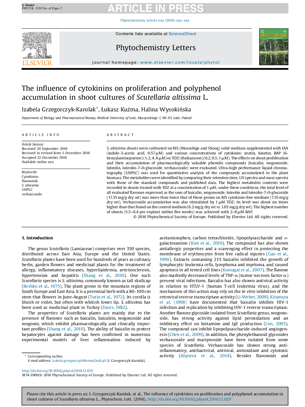 The influence of cytokinins on proliferation and polyphenol accumulation in shoot cultures of Scutellaria altissima L.