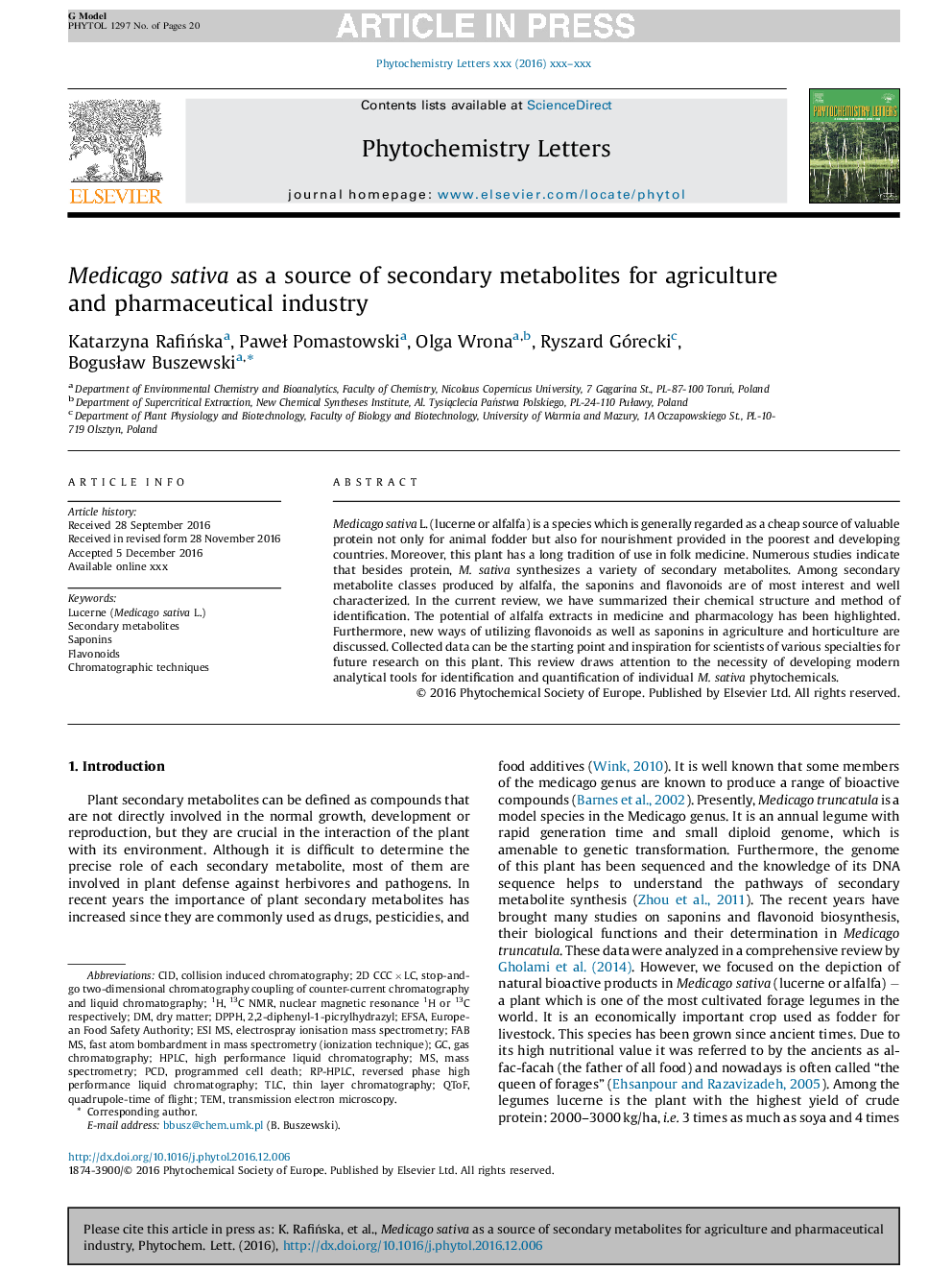 Medicago sativa as a source of secondary metabolites for agriculture and pharmaceutical industry