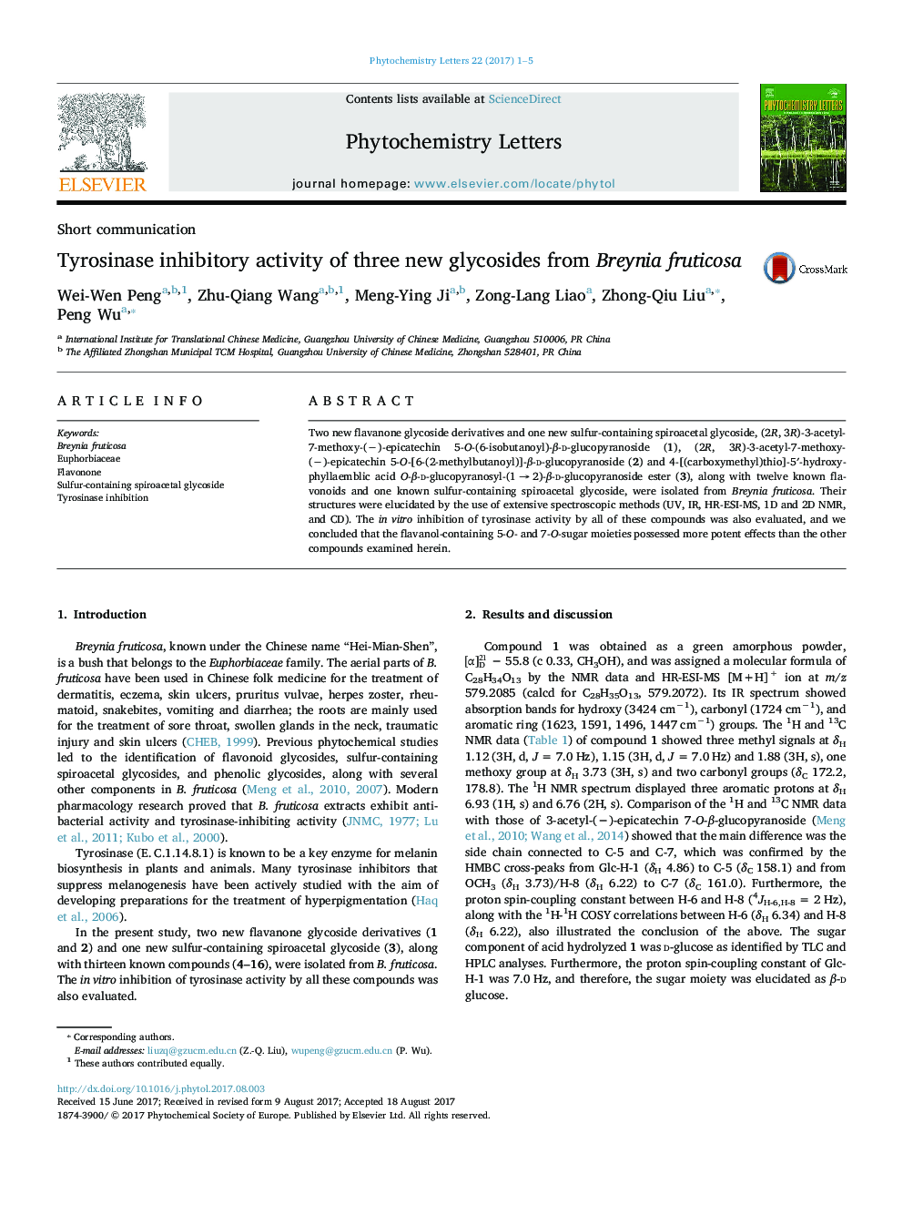 Tyrosinase inhibitory activity of three new glycosides from Breynia fruticosa