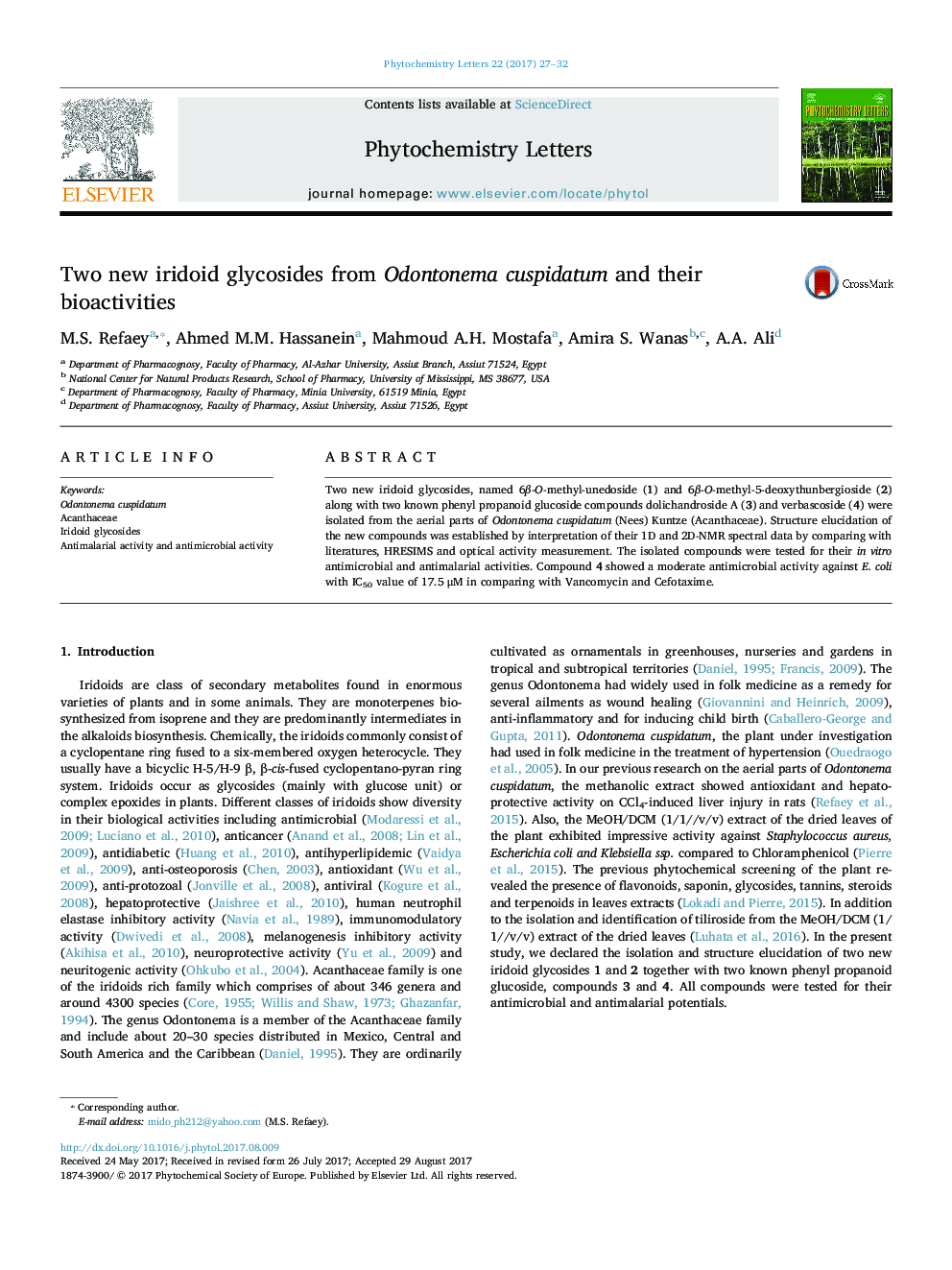 Two new iridoid glycosides from Odontonema cuspidatum and their bioactivities