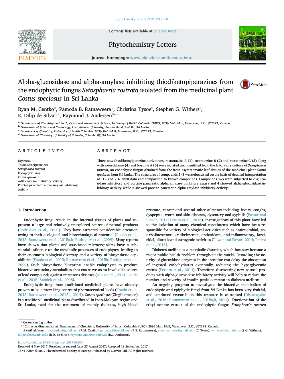 Alpha-glucosidase and alpha-amylase inhibiting thiodiketopiperazines from the endophytic fungus Setosphaeria rostrata isolated from the medicinal plant Costus speciosus in Sri Lanka