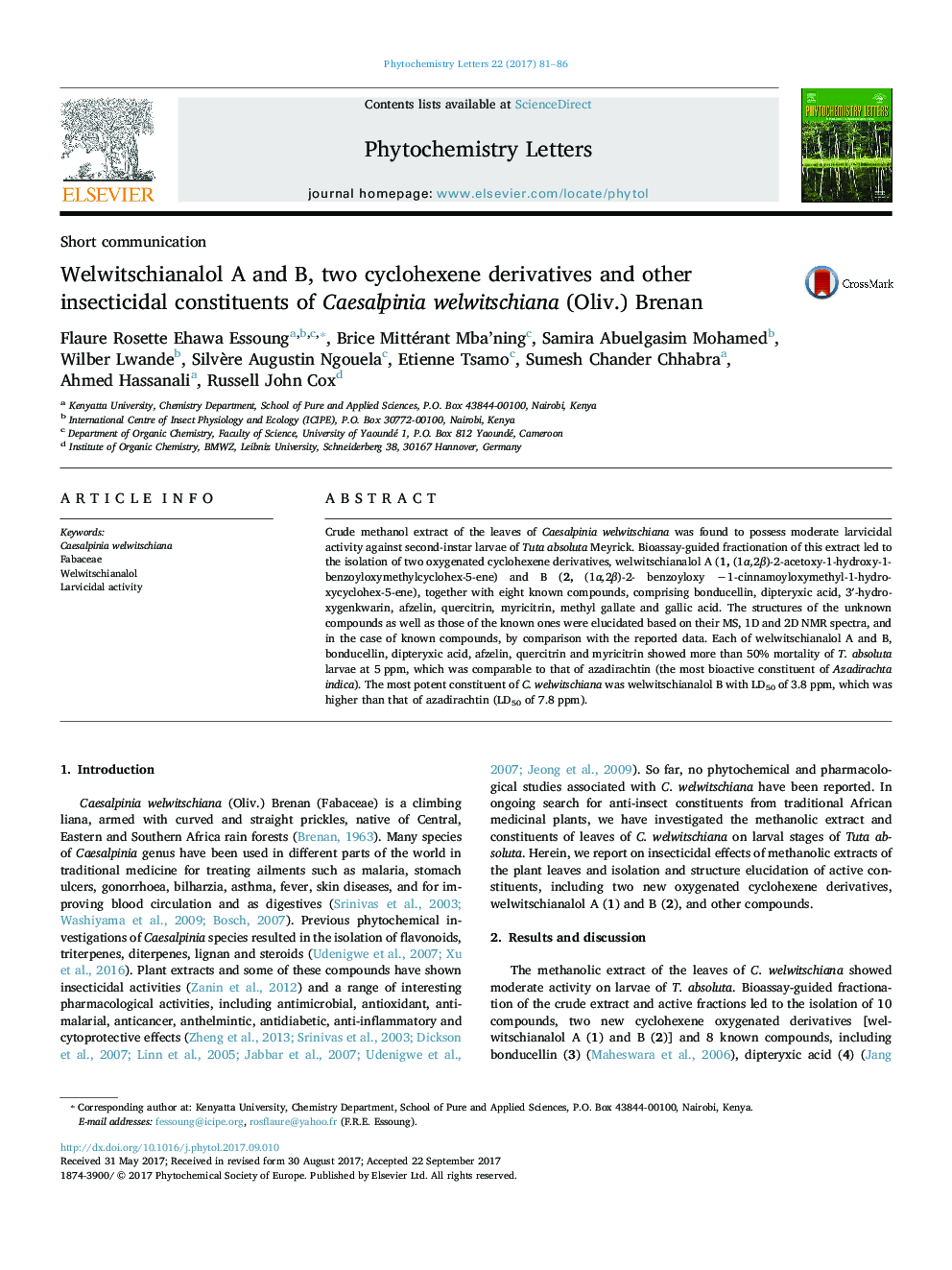 Welwitschianalol A and B, two cyclohexene derivatives and other insecticidal constituents of Caesalpinia welwitschiana (Oliv.) Brenan