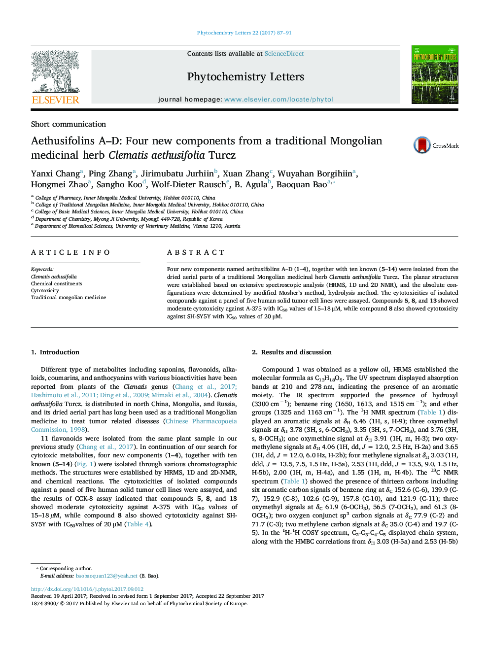 Aethusifolins A-D: Four new components from a traditional Mongolian medicinal herb Clematis aethusifolia Turcz