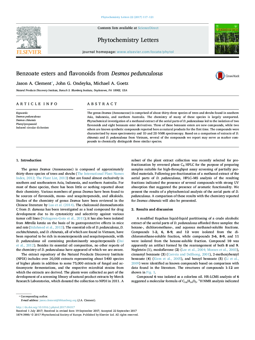 Benzoate esters and flavonoids from Desmos pedunculosus