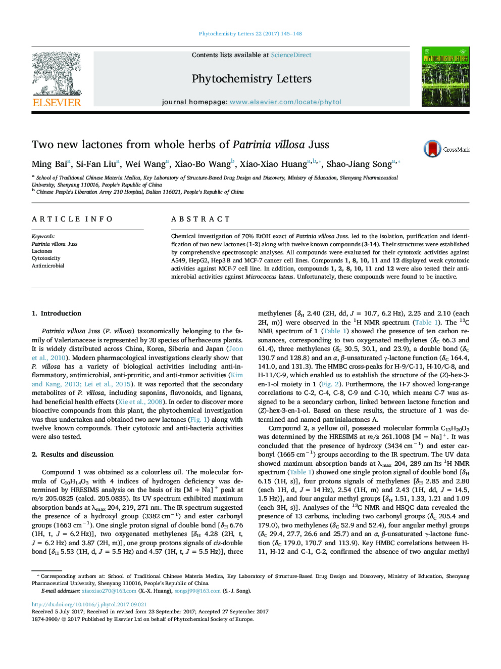 عکس صفحه اول مقاله: Two new lactones from whole herbs of Patrinia villosa Juss Two new lactones from whole herbs of Patrinia villosa Juss