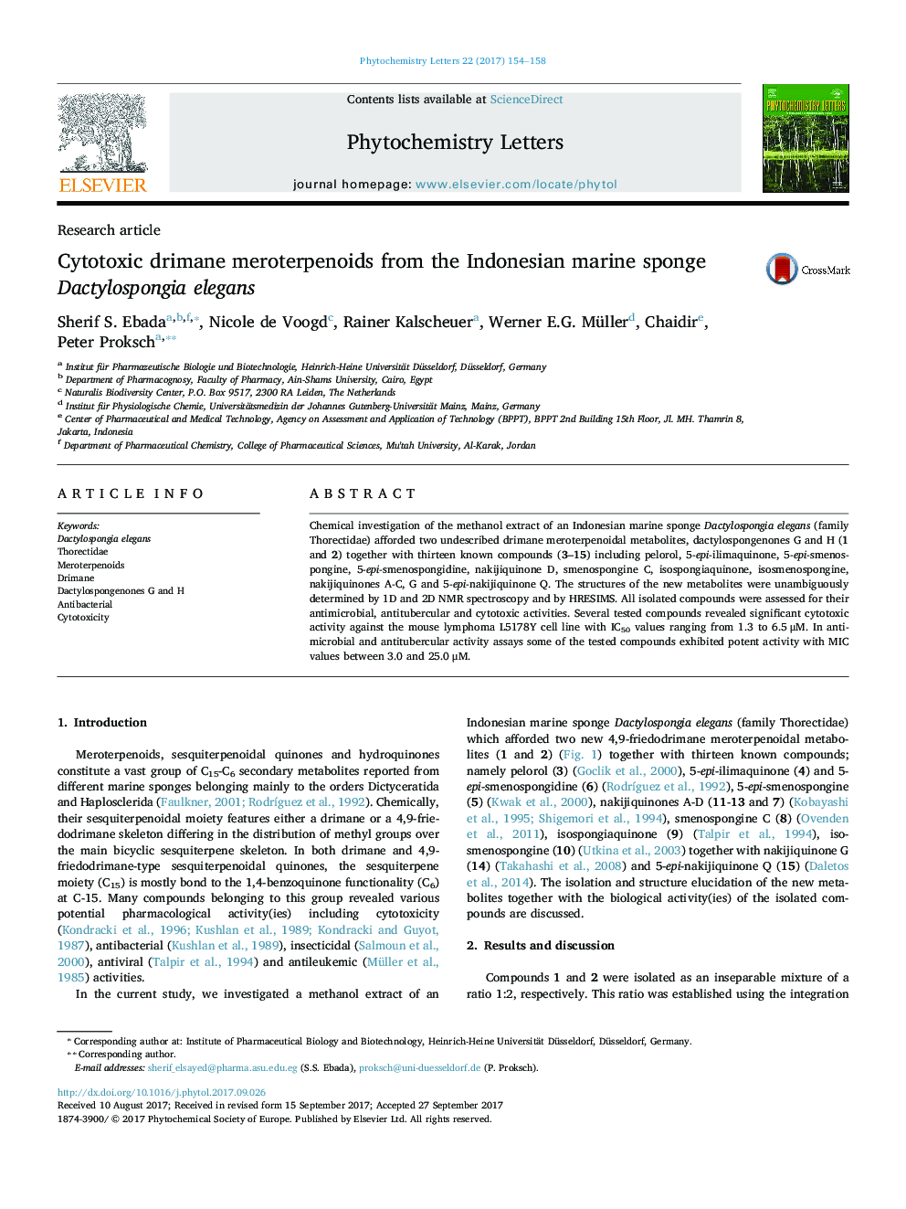 Cytotoxic drimane meroterpenoids from the Indonesian marine sponge Dactylospongia elegans