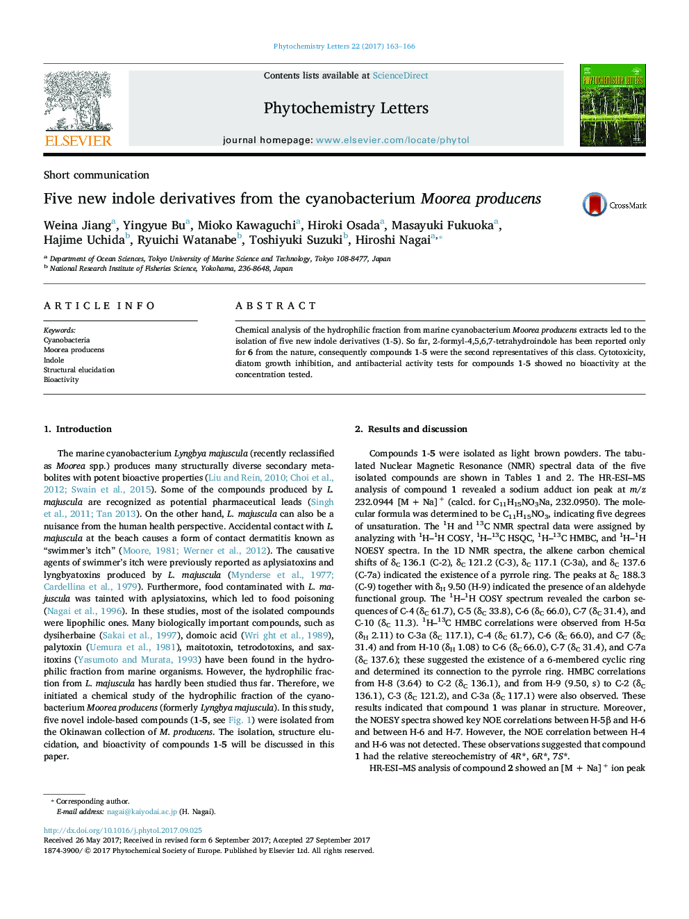 Five new indole derivatives from the cyanobacterium Moorea producens