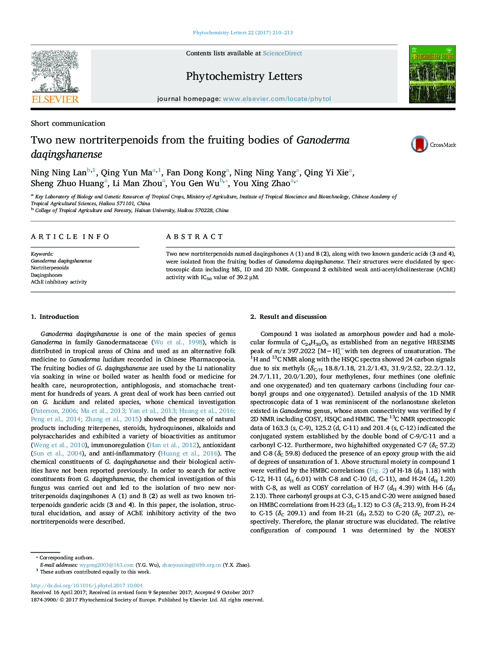 Two new nortriterpenoids from the fruiting bodies of Ganoderma daqingshanense