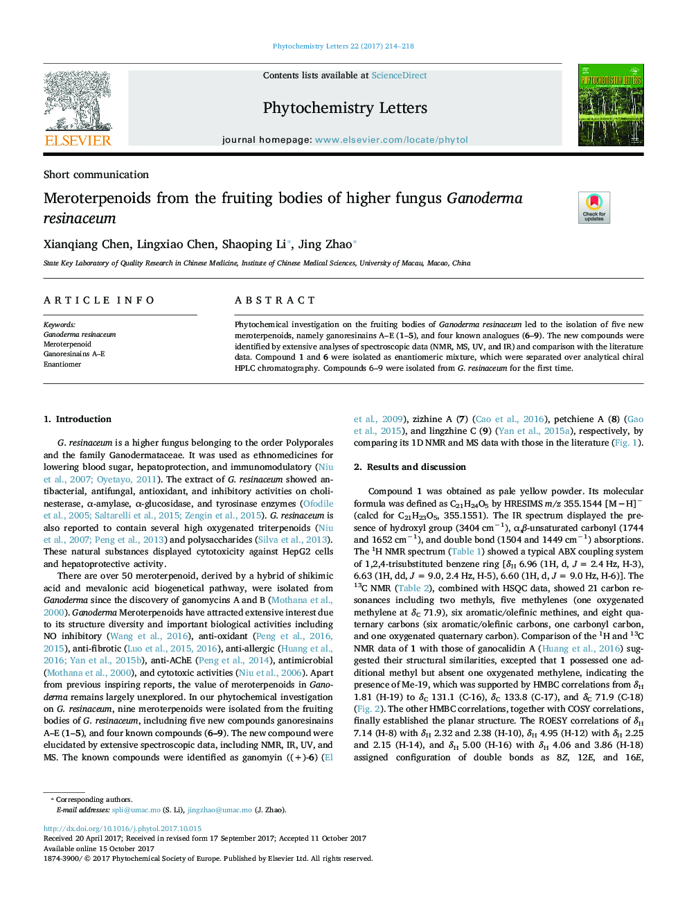 Meroterpenoids from the fruiting bodies of higher fungus Ganoderma resinaceum