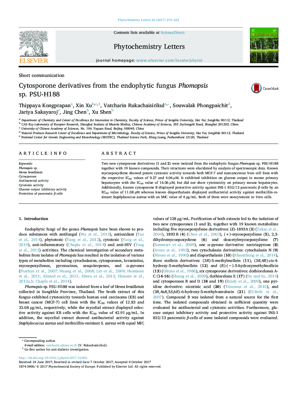 Cytosporone derivatives from the endophytic fungus Phomopsis sp. PSU-H188