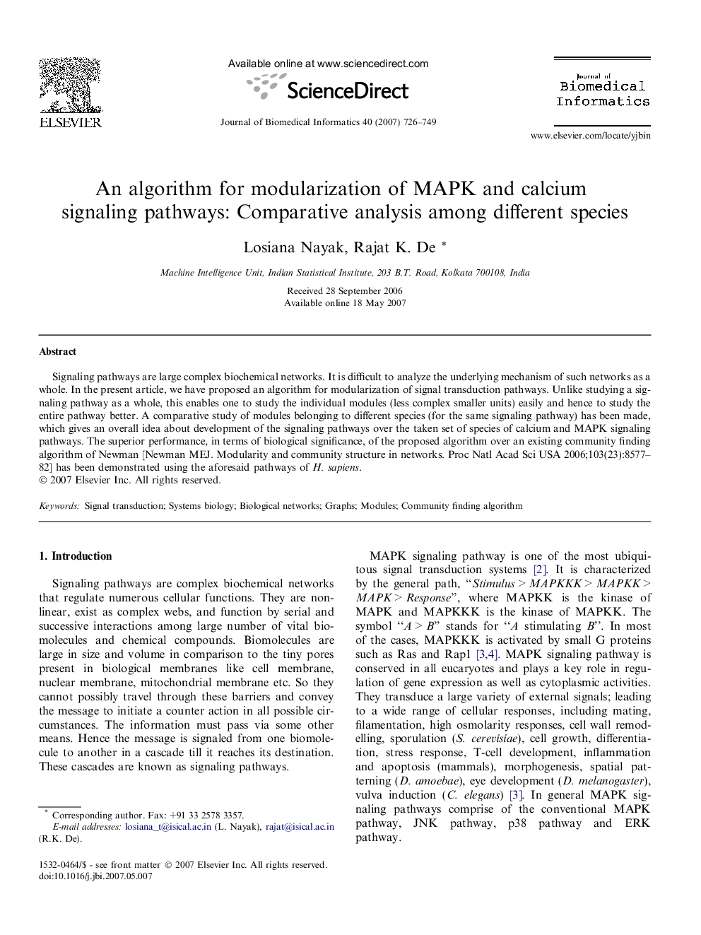 An algorithm for modularization of MAPK and calcium signaling pathways: Comparative analysis among different species