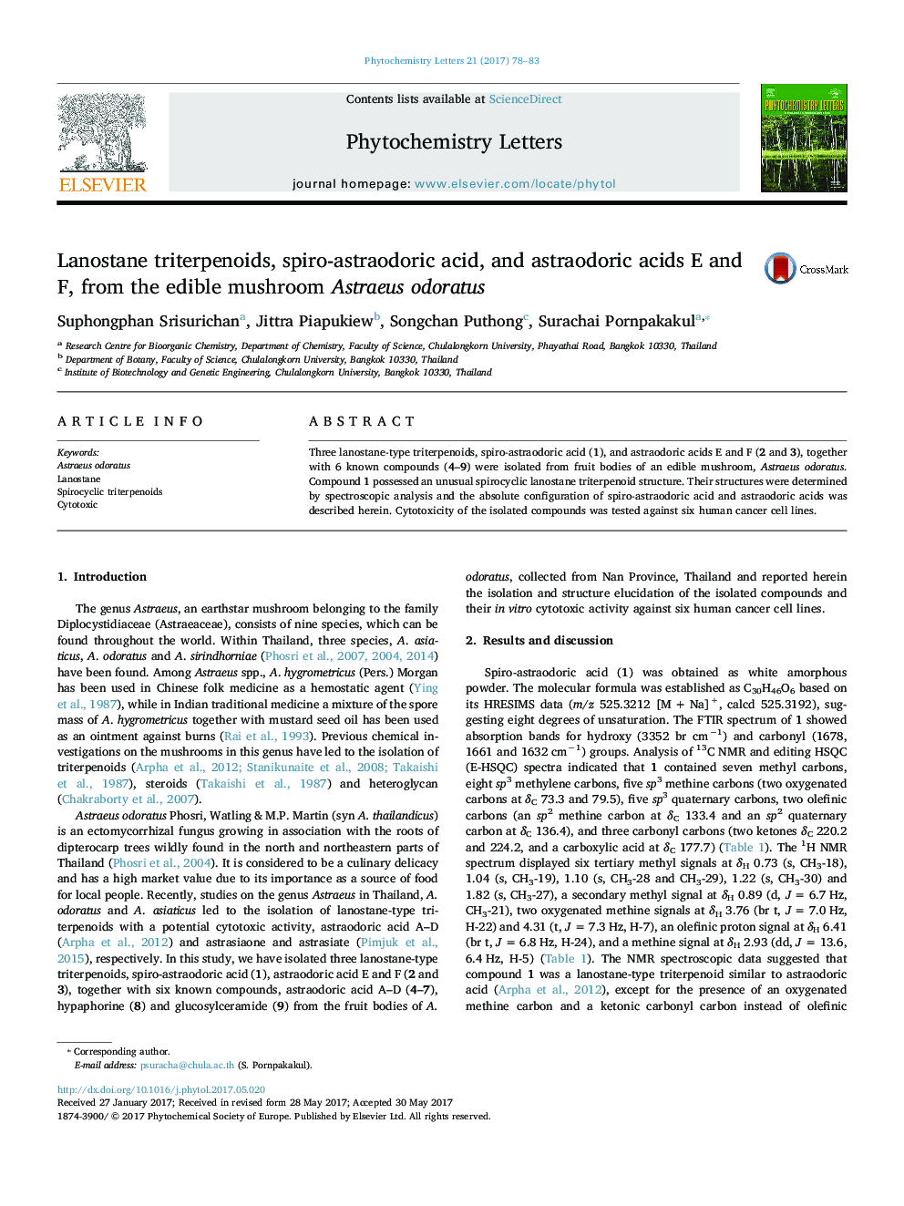 Lanostane triterpenoids, spiro-astraodoric acid, and astraodoric acids E and F, from the edible mushroom Astraeus odoratus