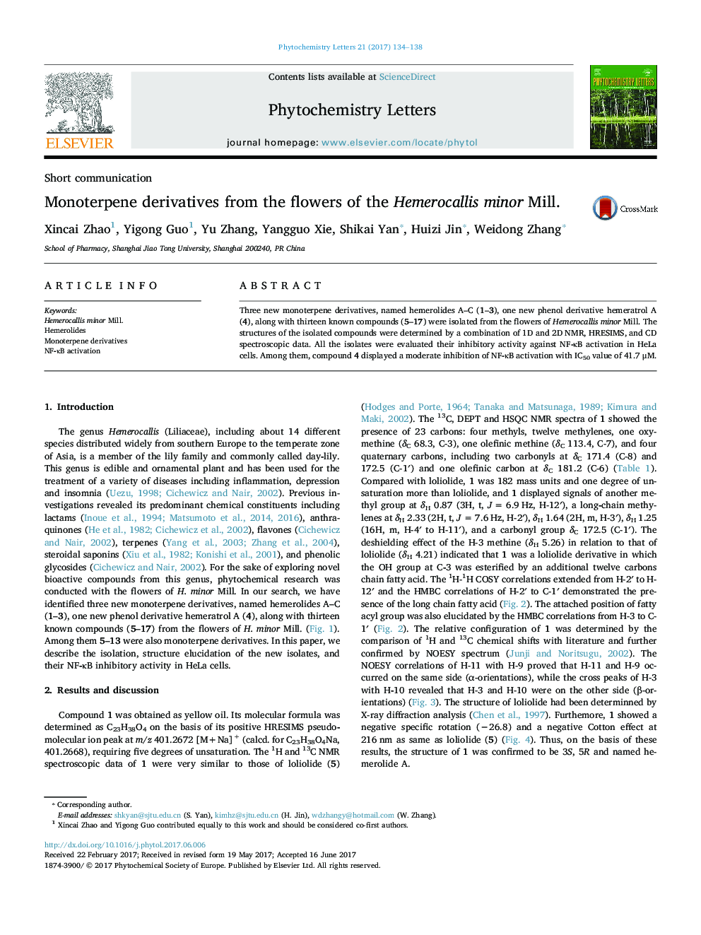 Monoterpene derivatives from the flowers of the Hemerocallis minor Mill.