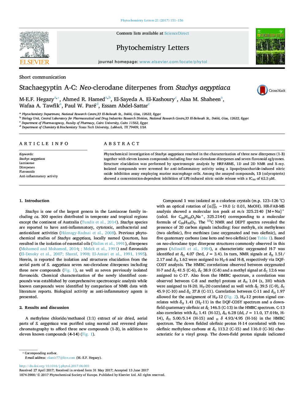 Stachaegyptin A-C: Neo-clerodane diterpenes from Stachys aegyptiaca