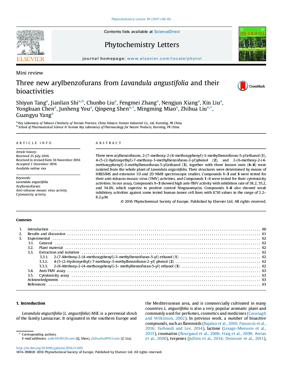 Three new arylbenzofurans from Lavandula angustifolia and their bioactivities