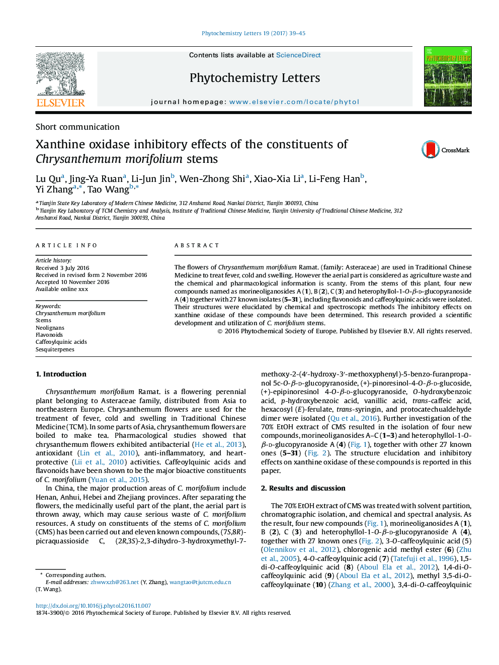 Xanthine oxidase inhibitory effects of the constituents of Chrysanthemum morifolium stems