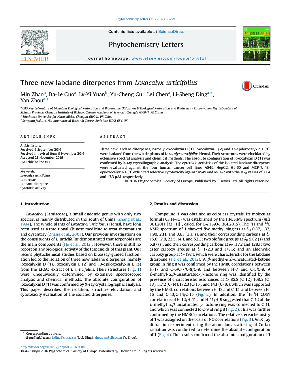 Three new labdane diterpenes from Loxocalyx urticifolius