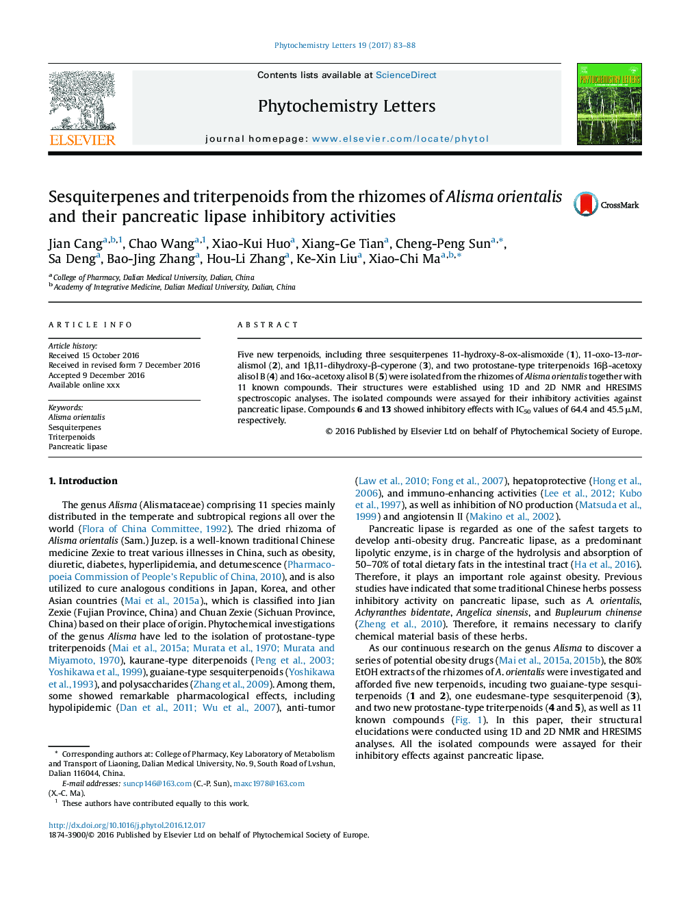 Sesquiterpenes and triterpenoids from the rhizomes of Alisma orientalis and their pancreatic lipase inhibitory activities