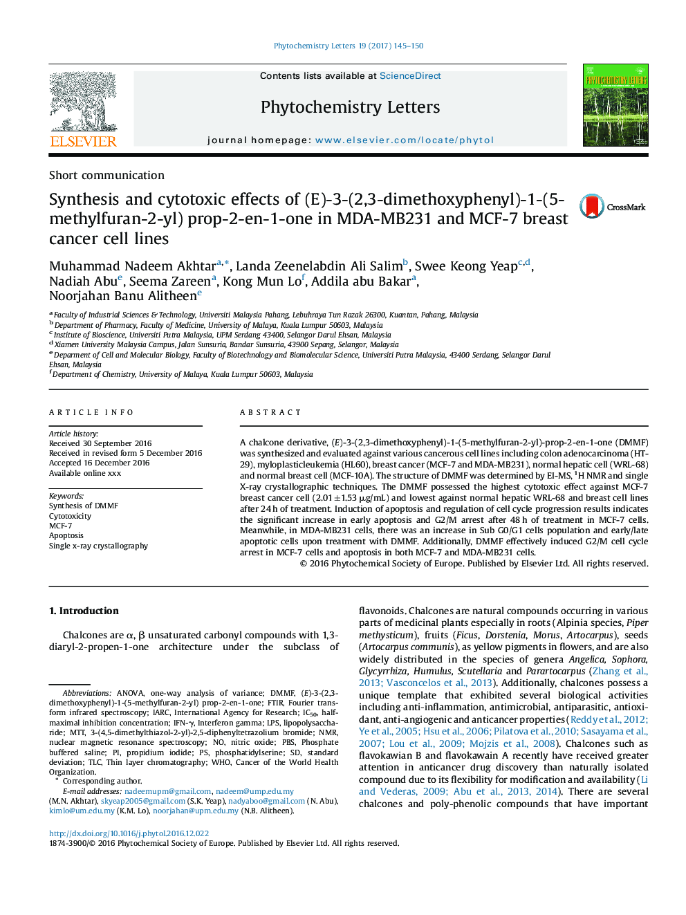 Synthesis and cytotoxic effects of (E)-3-(2,3-dimethoxyphenyl)-1-(5-methylfuran-2-yl) prop-2-en-1-one in MDA-MB231 and MCF-7 breast cancer cell lines