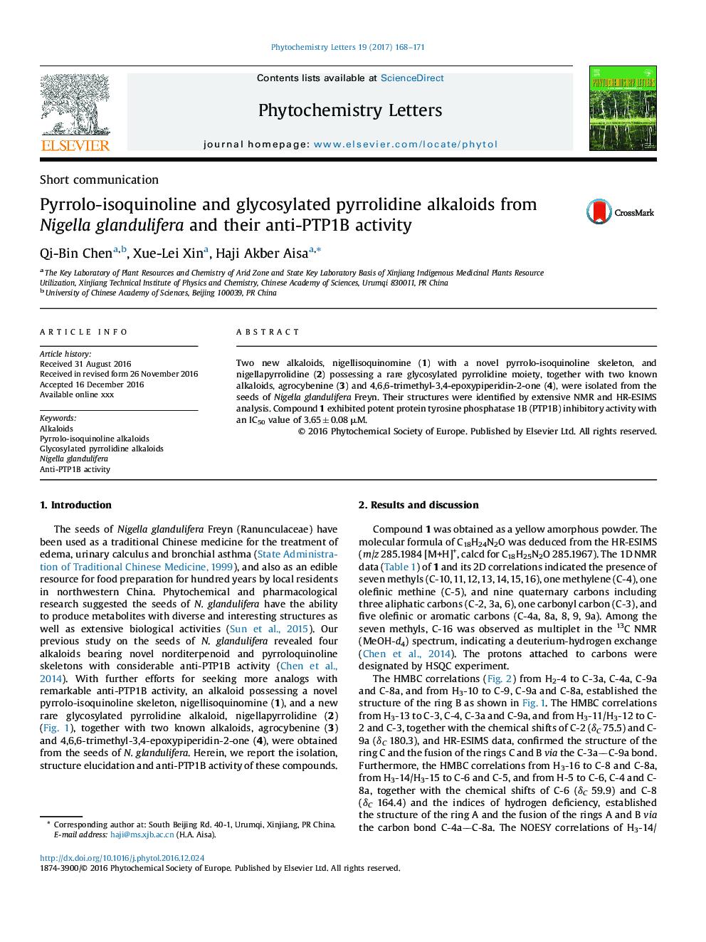 Pyrrolo-isoquinoline and glycosylated pyrrolidine alkaloids from Nigella glandulifera and their anti-PTP1B activity