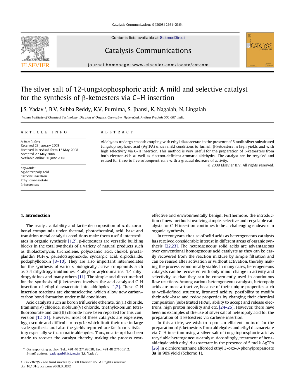 The silver salt of 12-tungstophosphoric acid: A mild and selective catalyst for the synthesis of β-ketoesters via C–H insertion