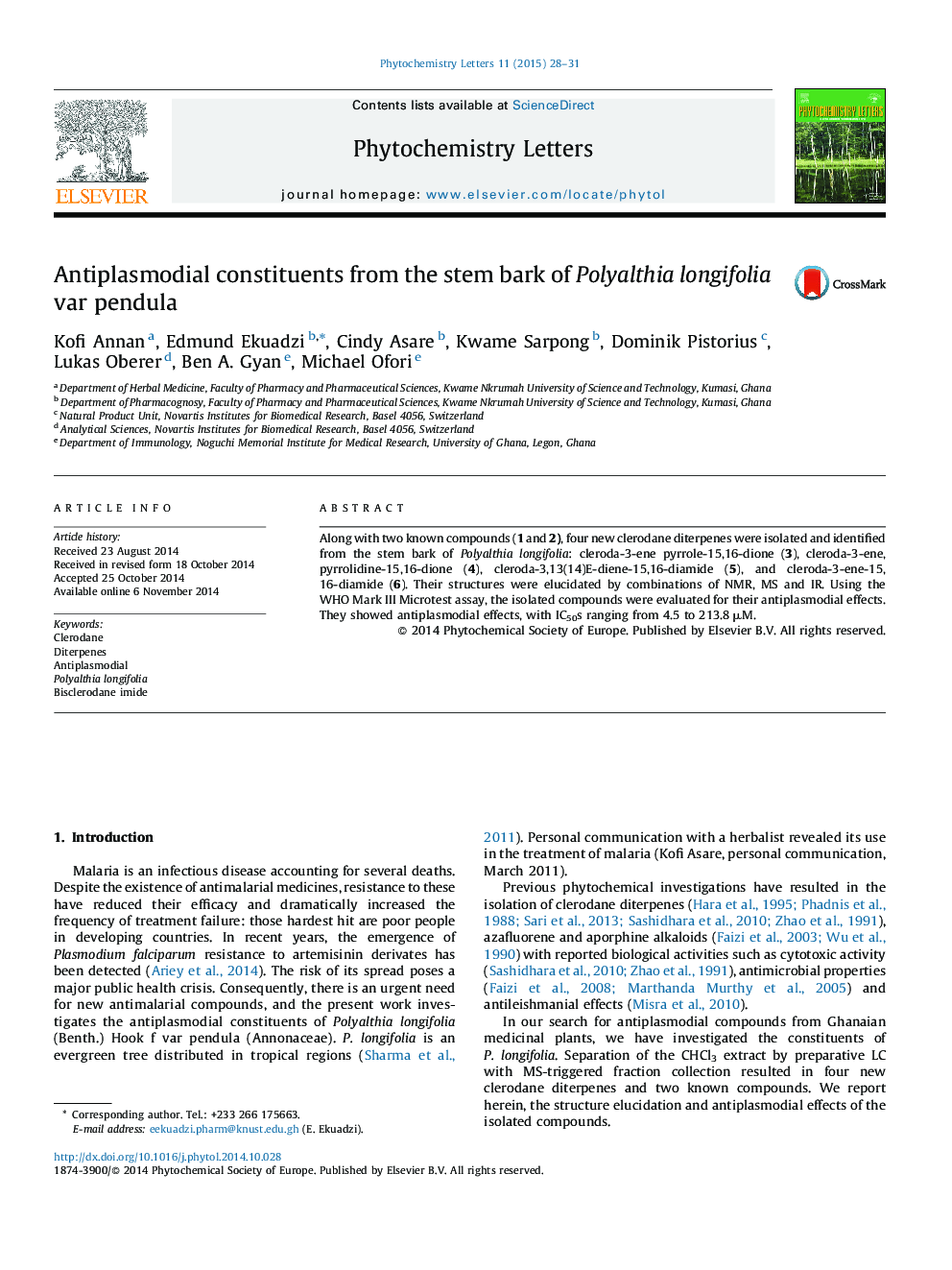 Antiplasmodial constituents from the stem bark of Polyalthia longifolia var pendula