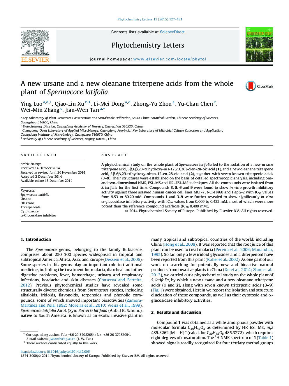 A new ursane and a new oleanane triterpene acids from the whole plant of Spermacoce latifolia