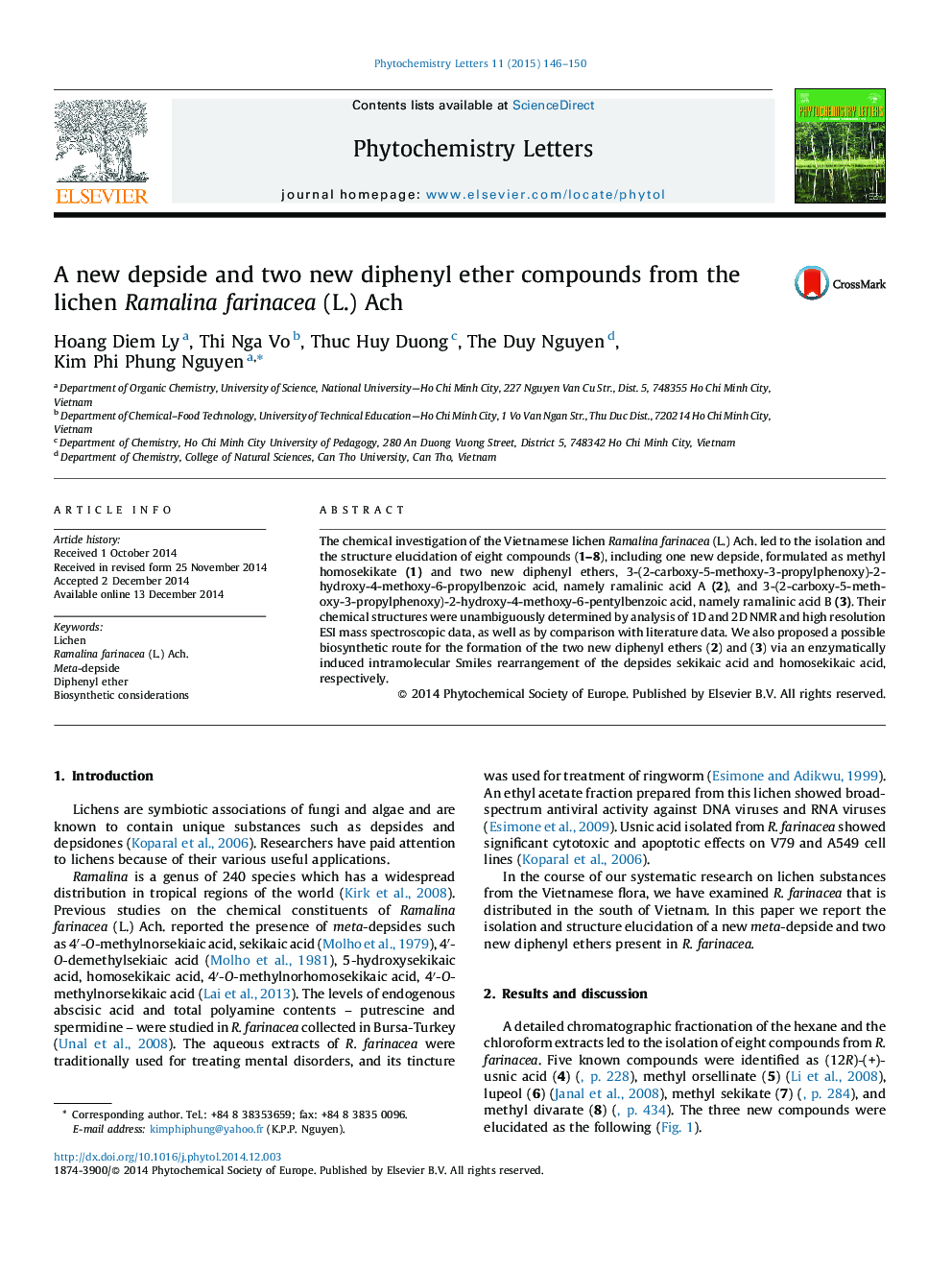 A new depside and two new diphenyl ether compounds from the lichen Ramalina farinacea (L.) Ach