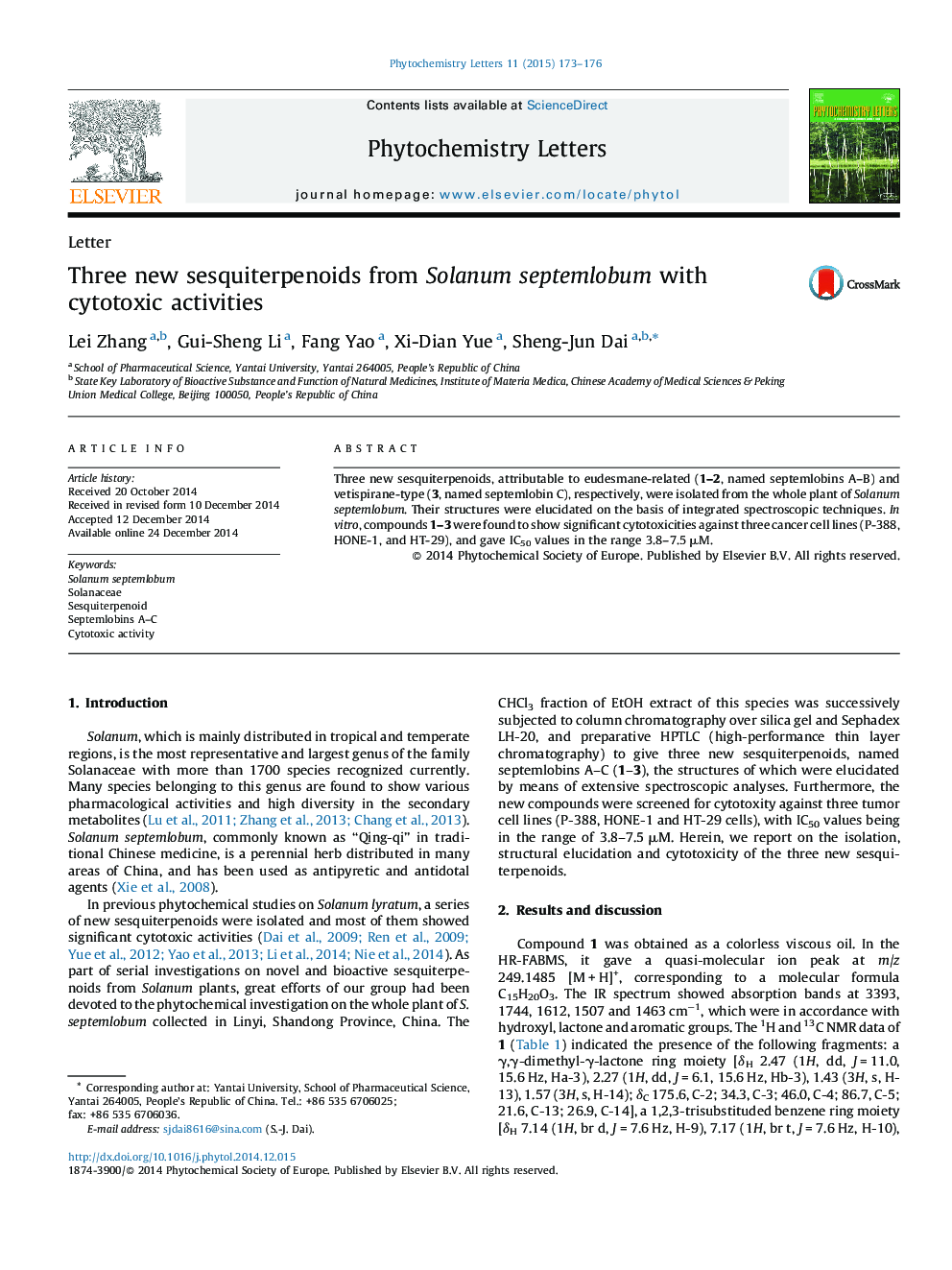 Three new sesquiterpenoids from Solanum septemlobum with cytotoxic activities