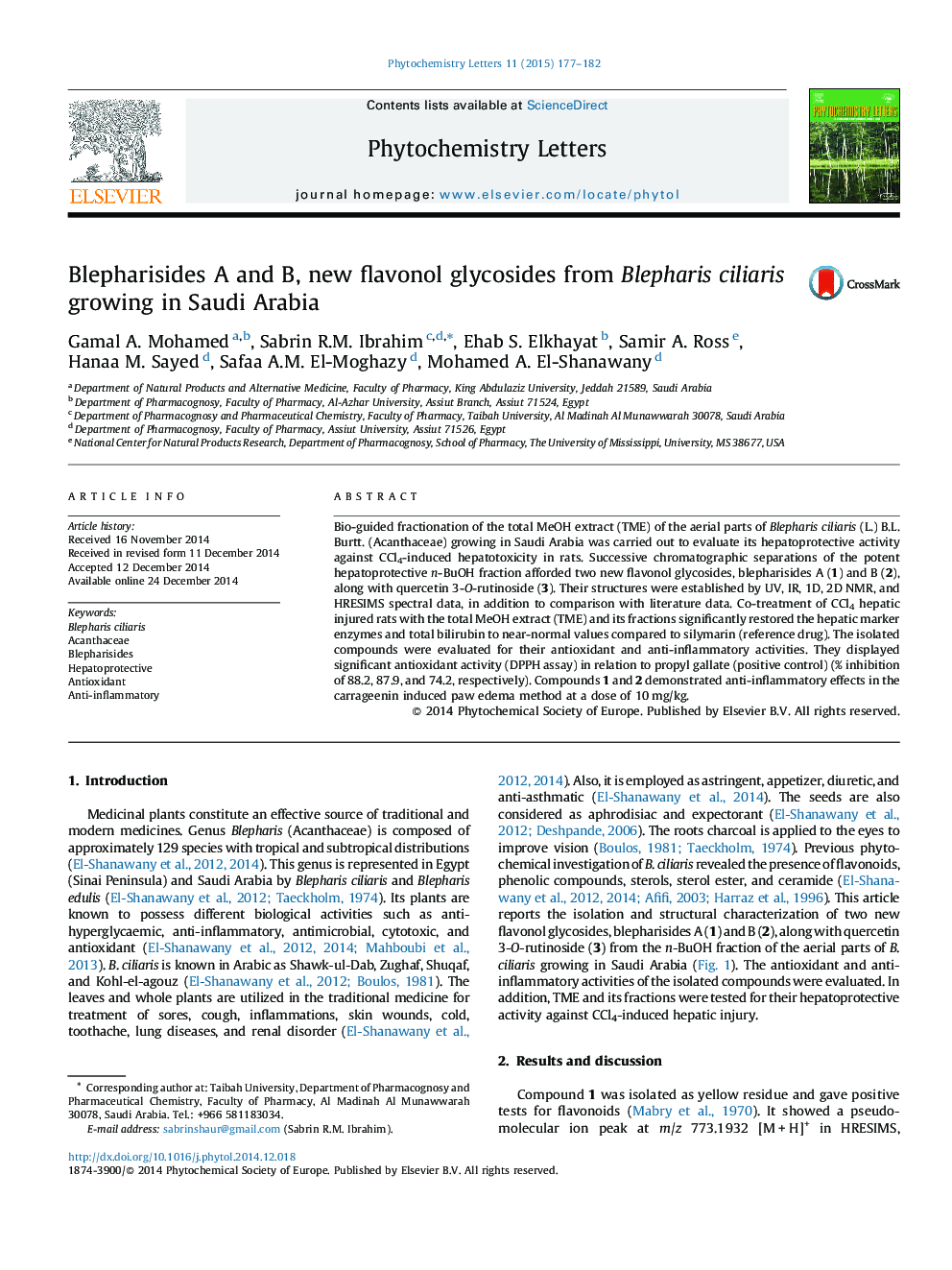 Blepharisides A and B, new flavonol glycosides from Blepharis ciliaris growing in Saudi Arabia