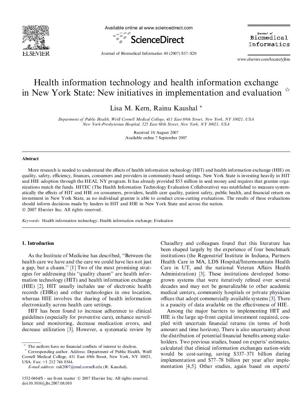 Health information technology and health information exchange in New York State: New initiatives in implementation and evaluation 