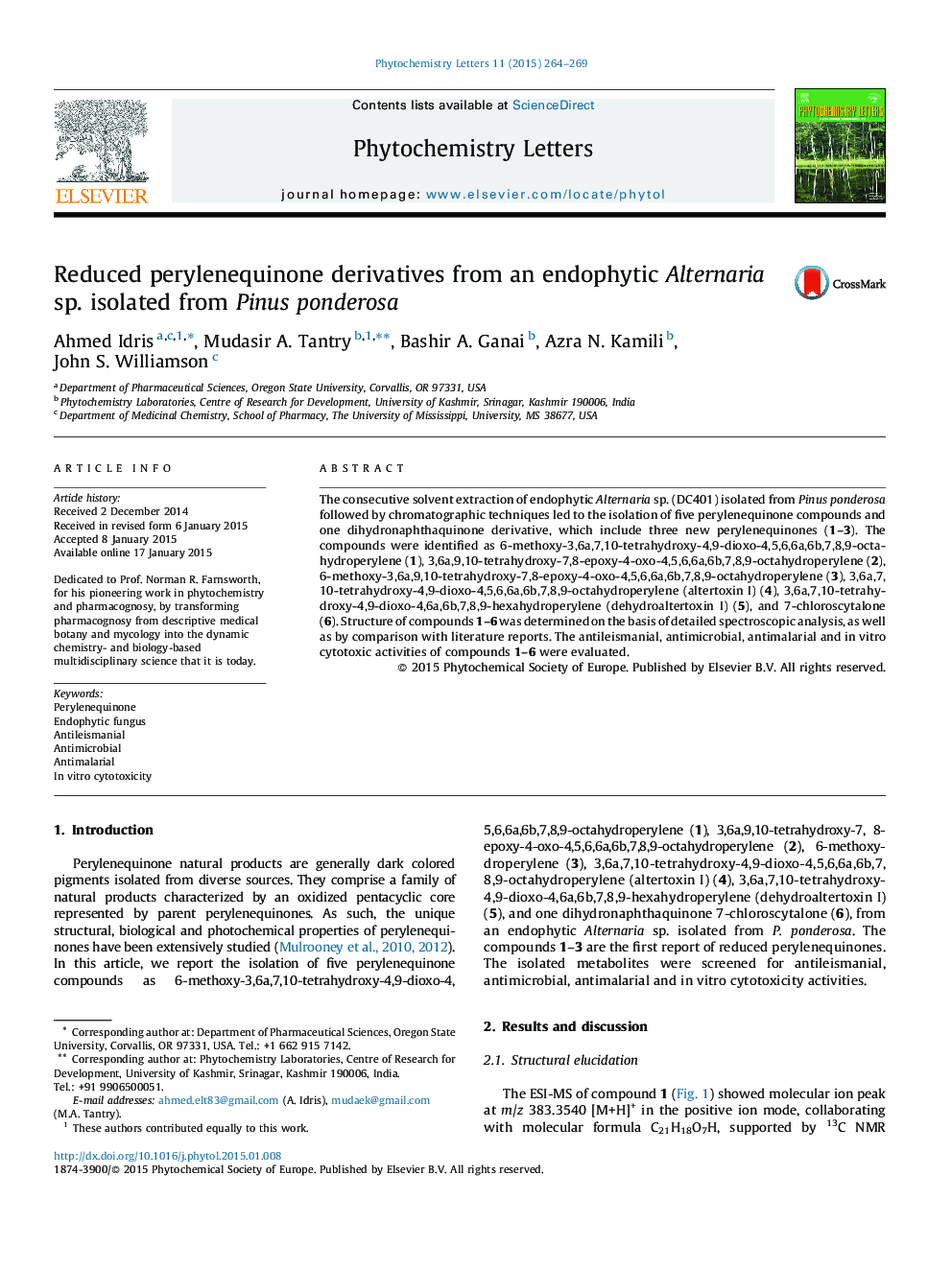 Reduced perylenequinone derivatives from an endophytic Alternaria sp. isolated from Pinus ponderosa