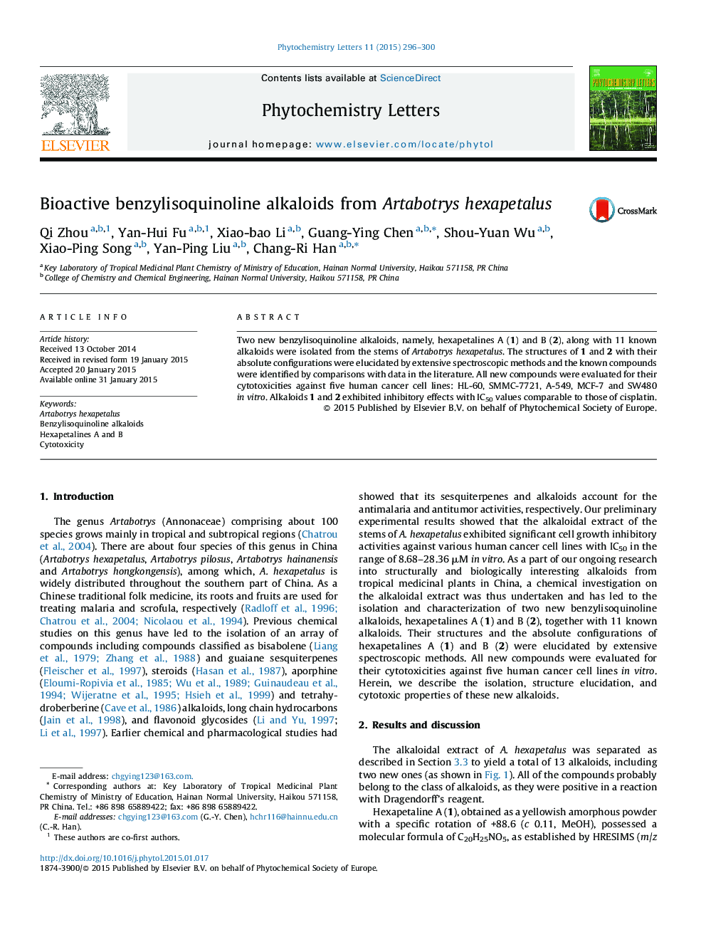 Bioactive benzylisoquinoline alkaloids from Artabotrys hexapetalus