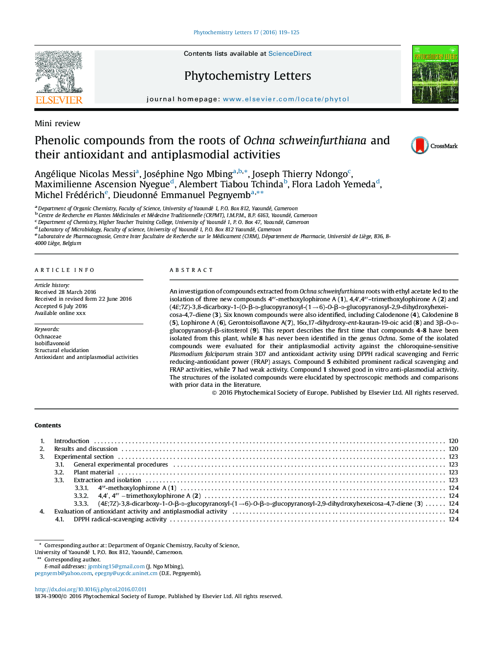 Phenolic compounds from the roots of Ochna schweinfurthiana and their antioxidant and antiplasmodial activities