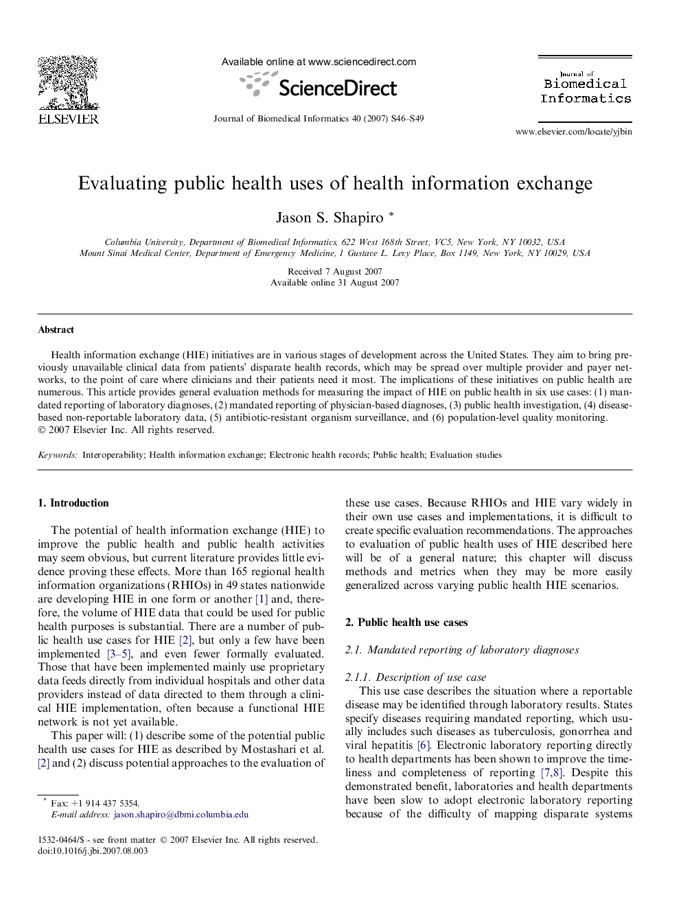 Evaluating public health uses of health information exchange