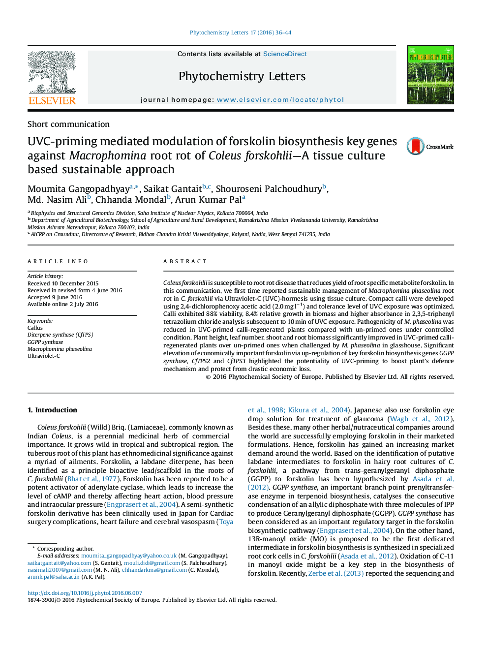 عکس صفحه اول مقاله: UVC-priming mediated modulation of forskolin biosynthesis key genes against Macrophomina root rot of Coleus forskohliiâ¿¿A tissue culture based sustainable approach UVC-priming mediated modulation of forskolin biosynthesis key genes against Macrophomina root rot of Coleus forskohliiâ¿¿A tissue culture based sustainable approach