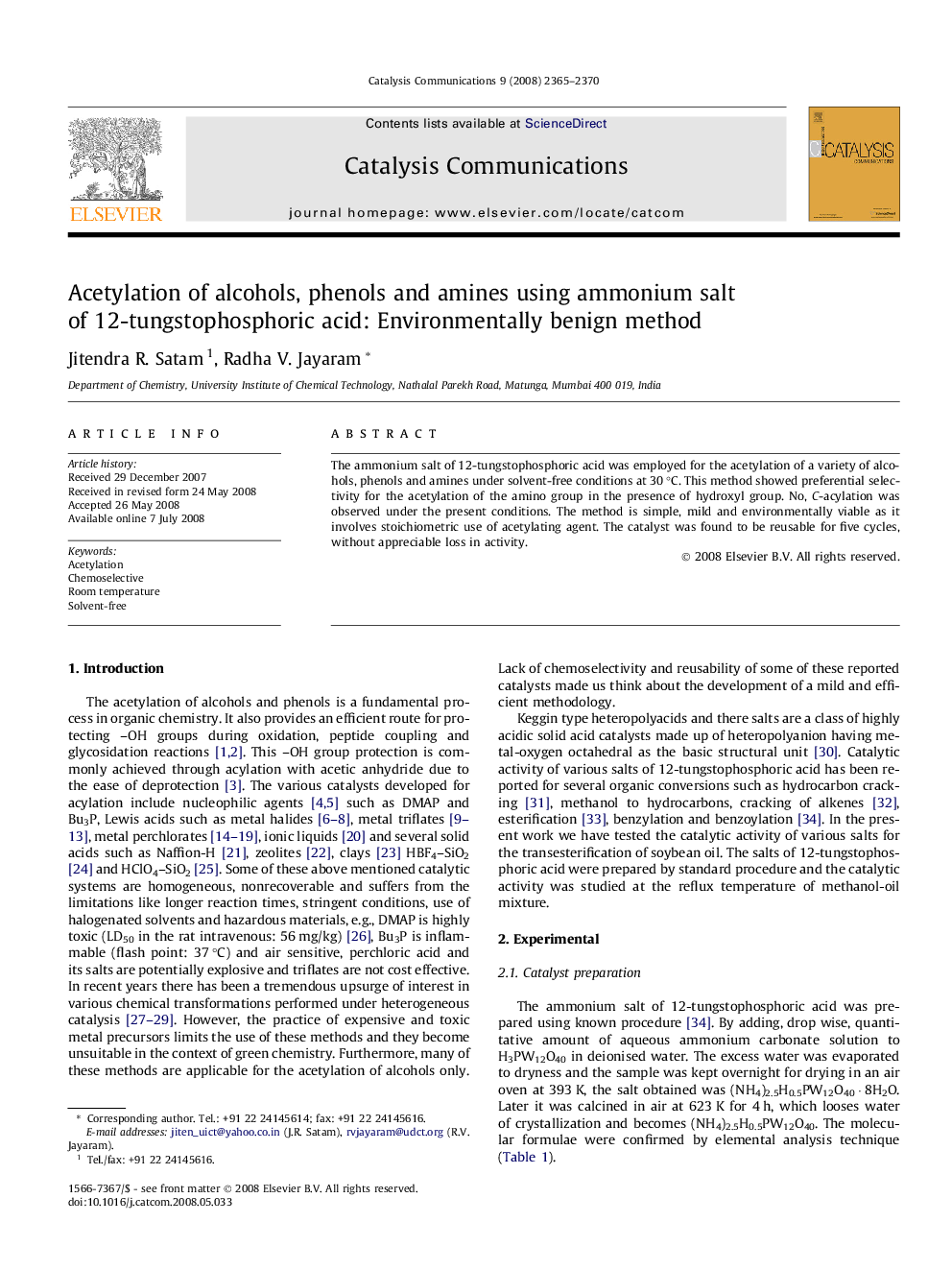 Acetylation of alcohols, phenols and amines using ammonium salt of 12-tungstophosphoric acid: Environmentally benign method