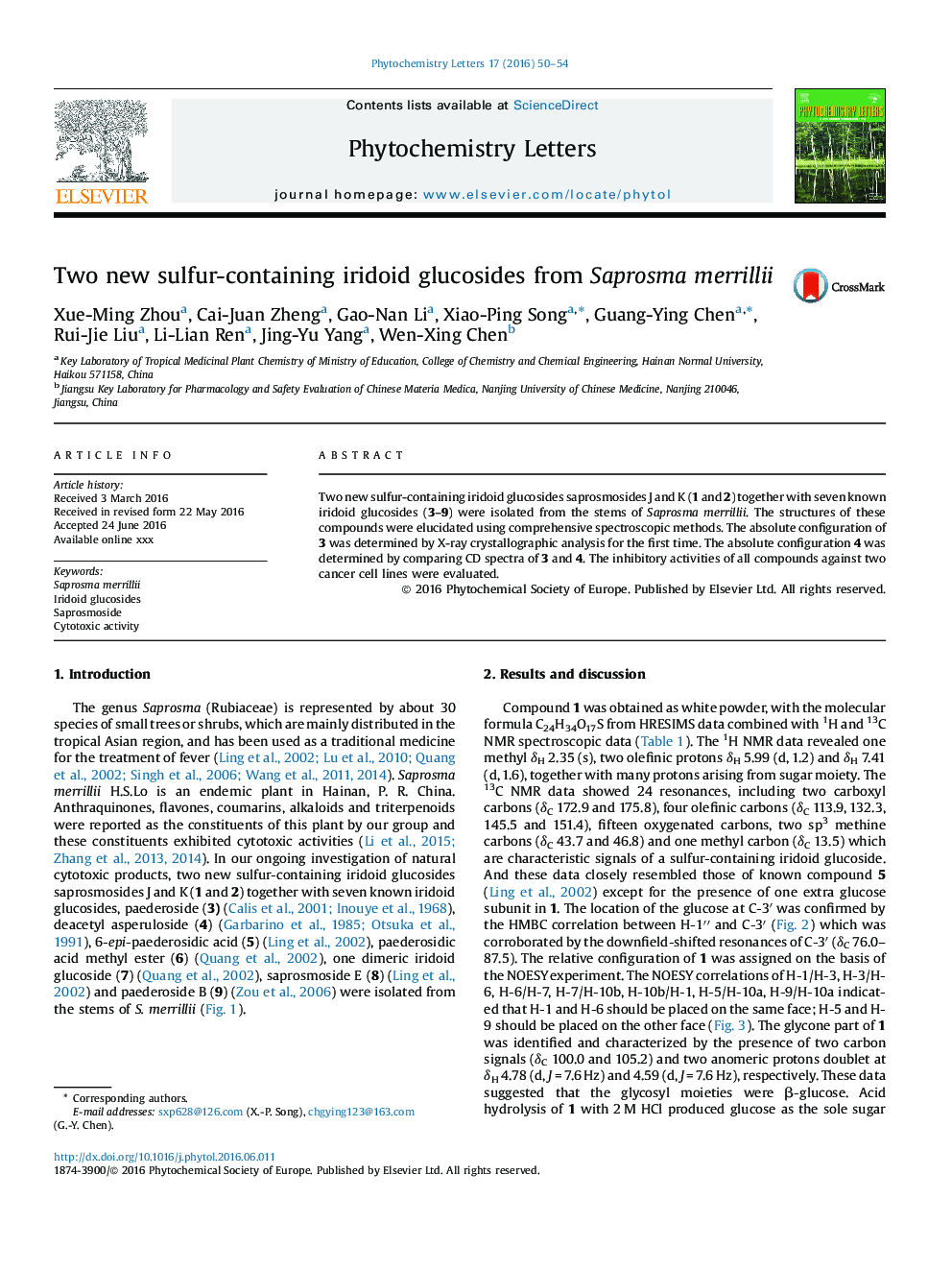 Two new sulfur-containing iridoid glucosides from Saprosma merrillii