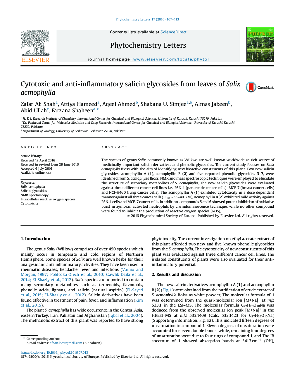 Cytotoxic and anti-inflammatory salicin glycosides from leaves of Salix acmophylla