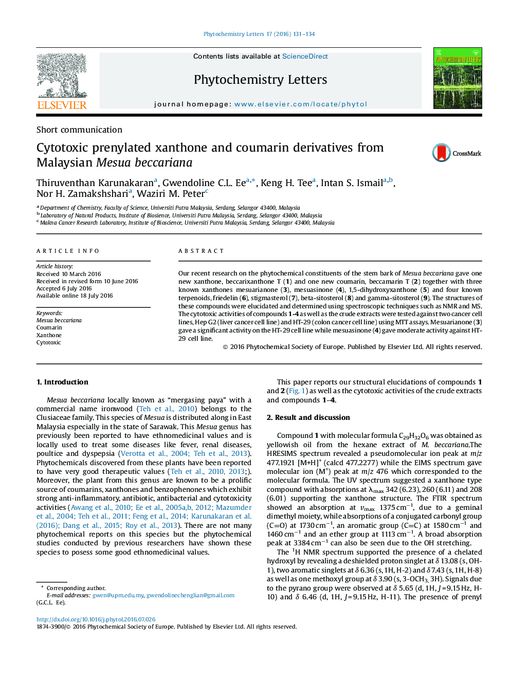 Cytotoxic prenylated xanthone and coumarin derivatives from Malaysian Mesua beccariana