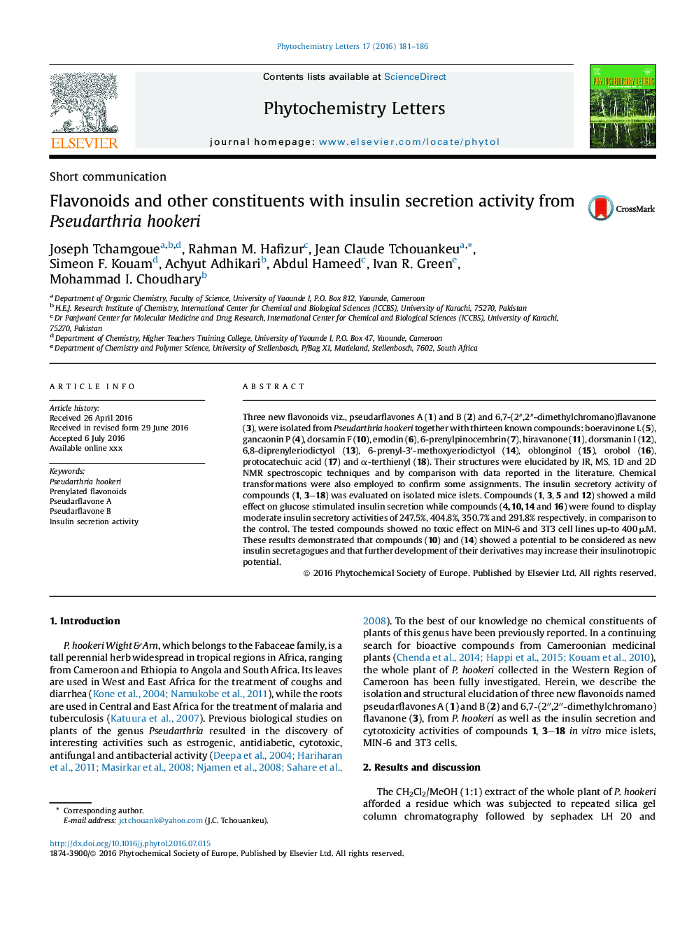 Flavonoids and other constituents with insulin secretion activity from Pseudarthria hookeri