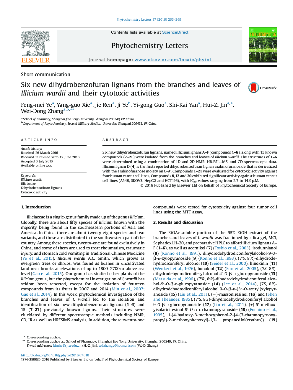 Six new dihydrobenzofuran lignans from the branches and leaves of Illicium wardii and their cytotoxic activities