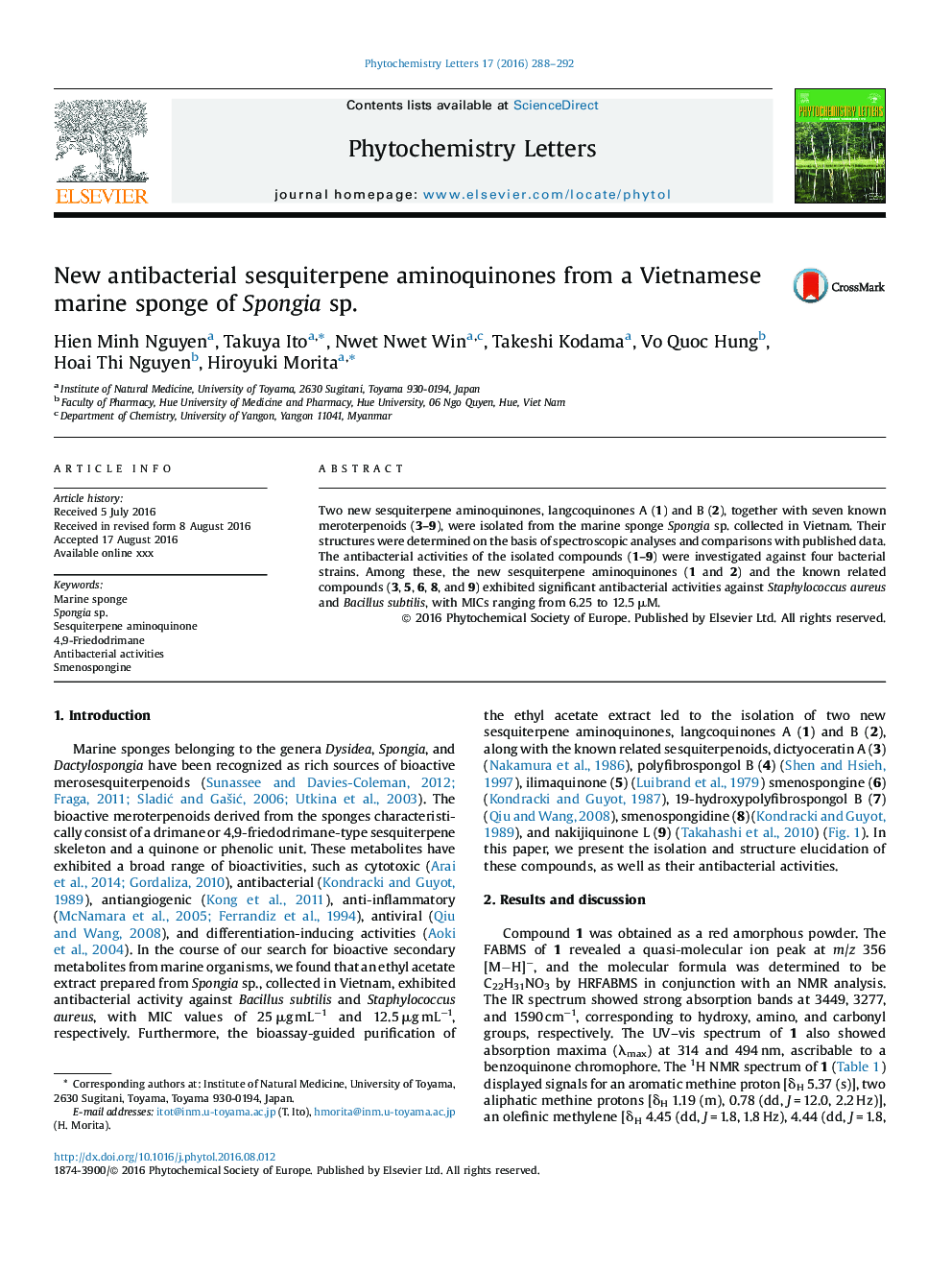 New antibacterial sesquiterpene aminoquinones from a Vietnamese marine sponge of Spongia sp.