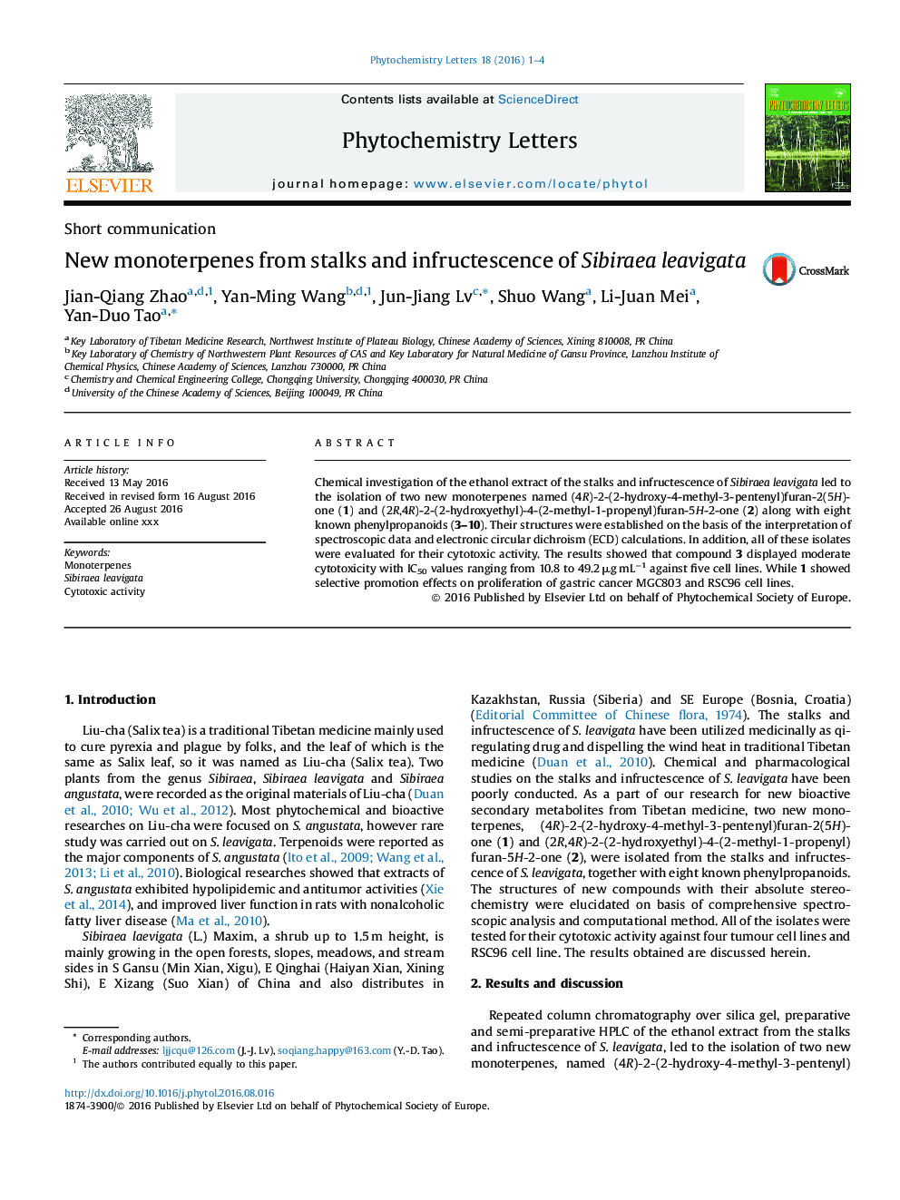 New monoterpenes from stalks and infructescence of Sibiraea leavigata