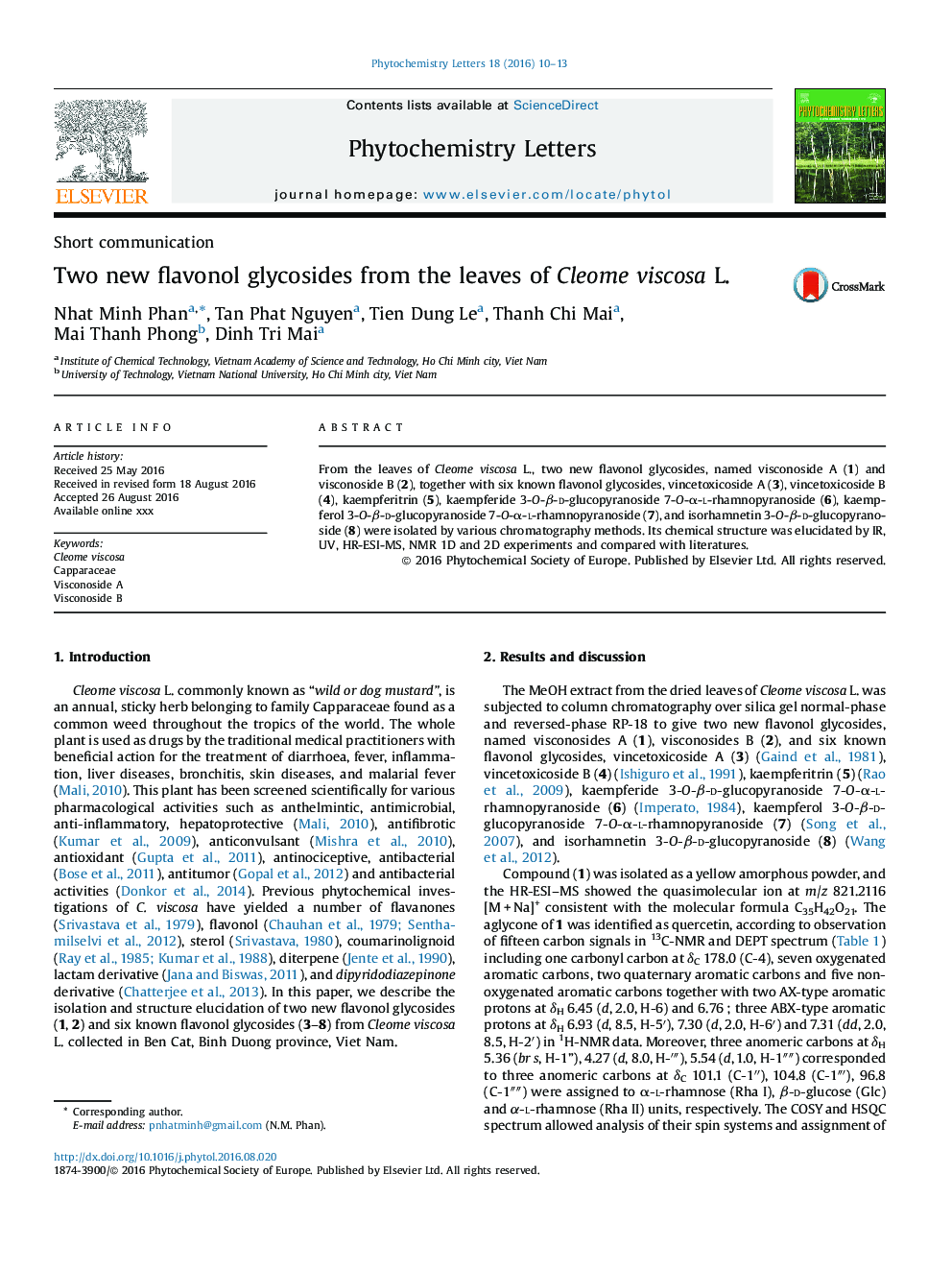 Two new flavonol glycosides from the leaves of Cleome viscosa L.