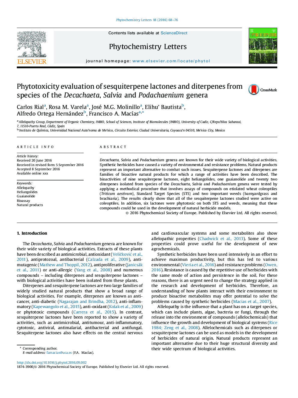 Phytotoxicity evaluation of sesquiterpene lactones and diterpenes from species of the Decachaeta, Salvia and Podachaenium genera