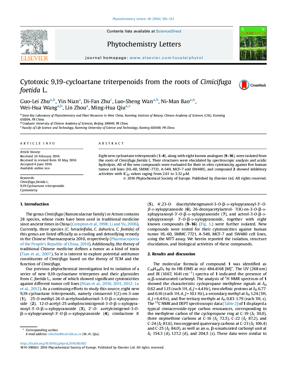 Cytotoxic 9,19-cycloartane triterpenoids from the roots of Cimicifuga foetida L.