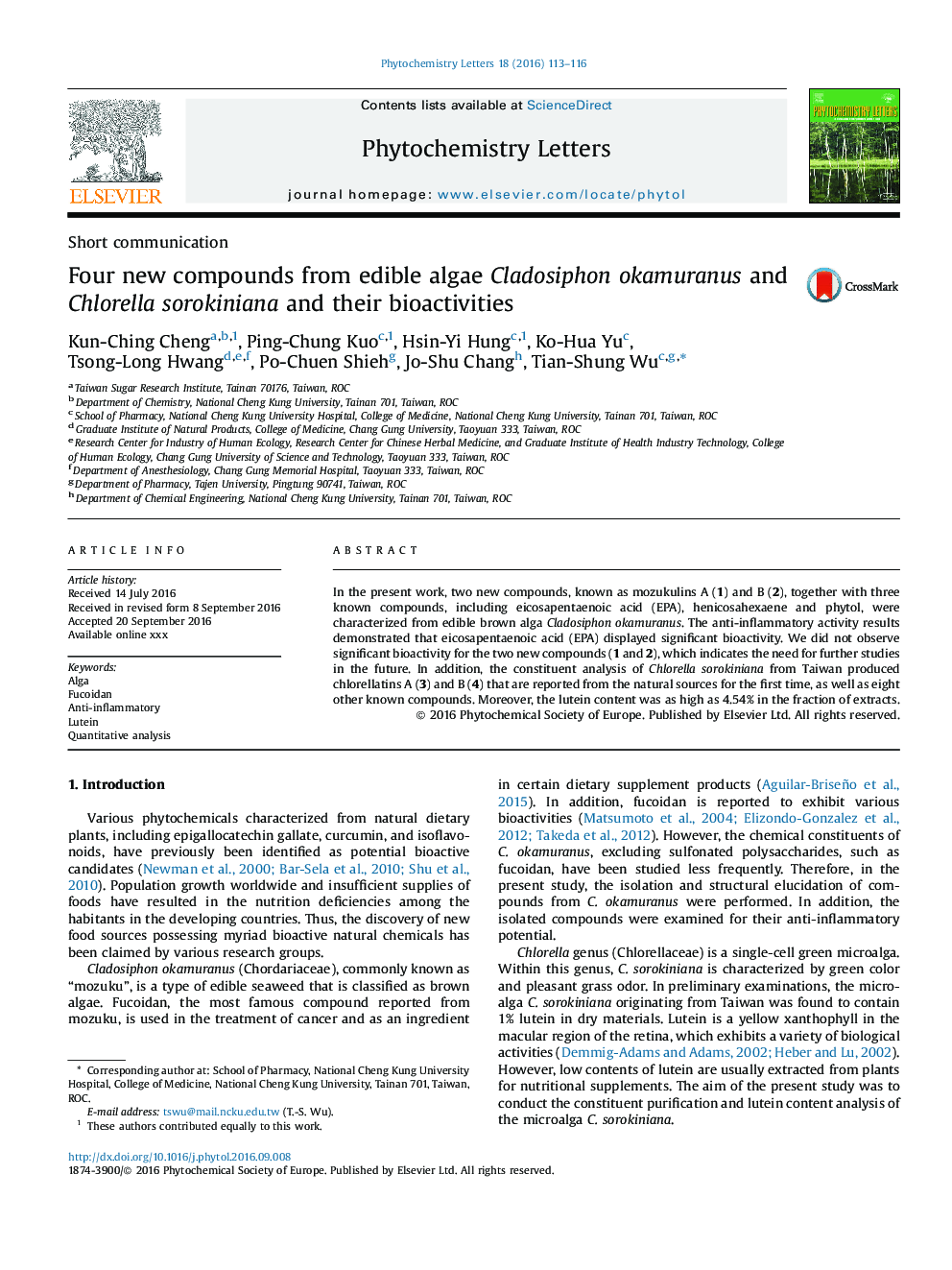 Four new compounds from edible algae Cladosiphon okamuranus and Chlorella sorokiniana and their bioactivities