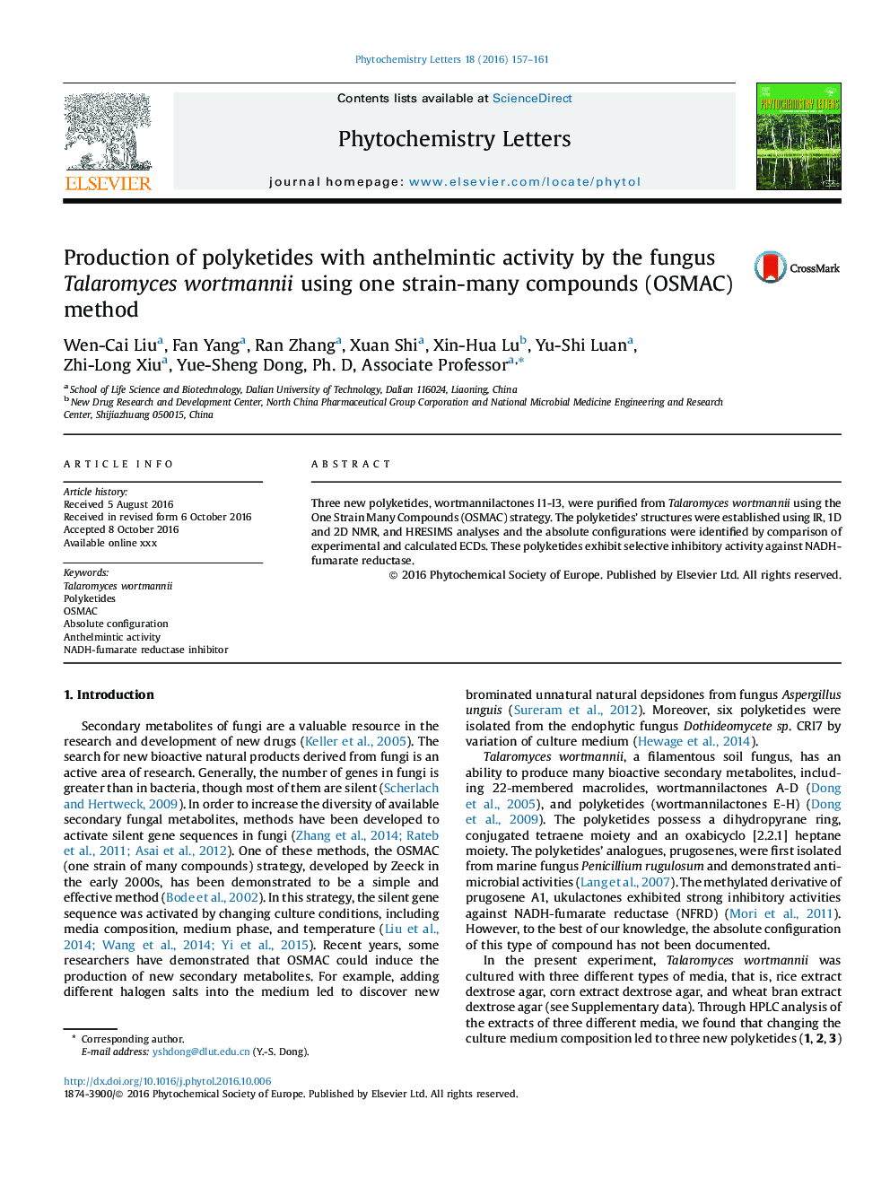 Production of polyketides with anthelmintic activity by the fungus Talaromyces wortmannii using one strain-many compounds (OSMAC) method