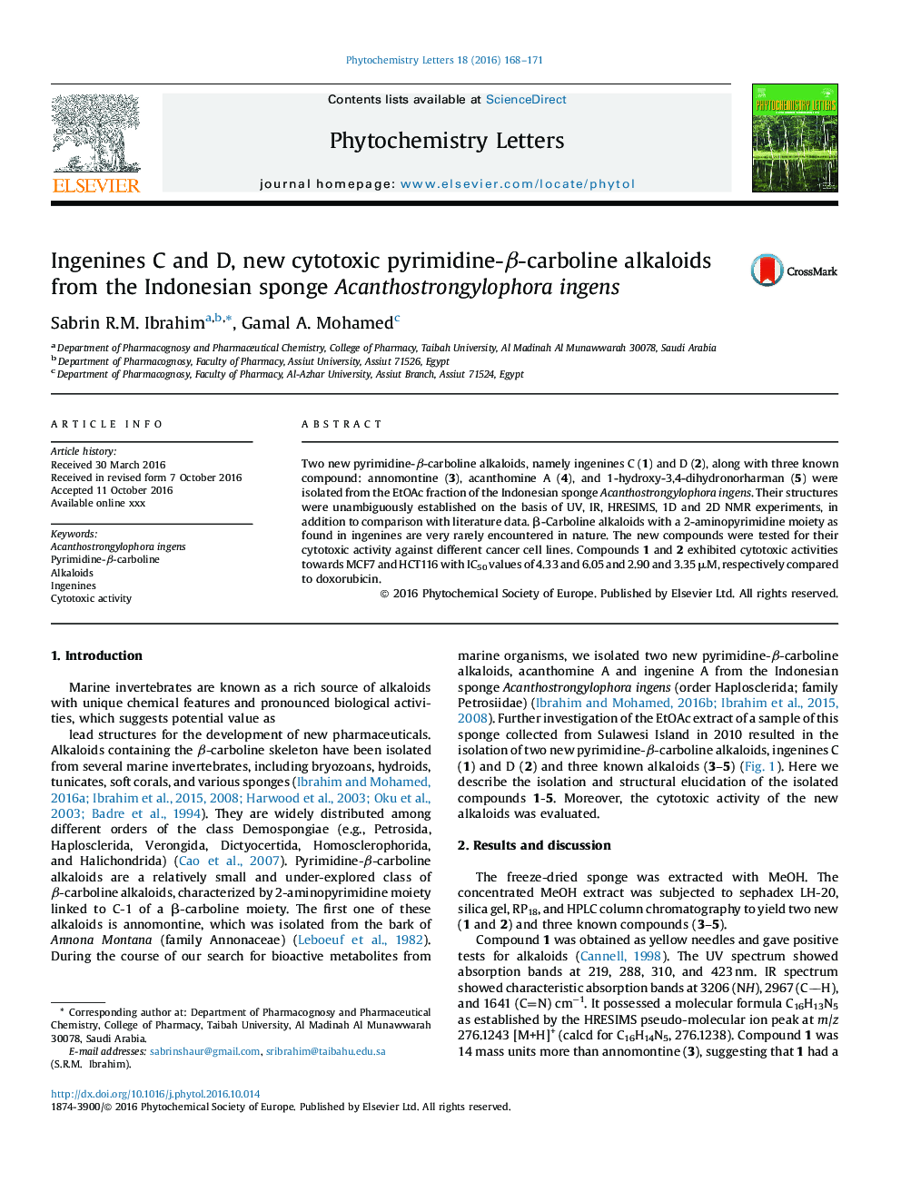 Ingenines C and D, new cytotoxic pyrimidine-Î²-carboline alkaloids from the Indonesian sponge Acanthostrongylophora ingens